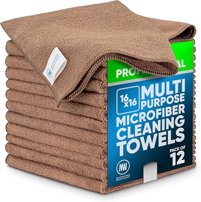 MW Pro Microfiber Cleaning Cloth | Tan | 12 Pack | 16” x 16” | All Purpose by MicrofiberWholesale