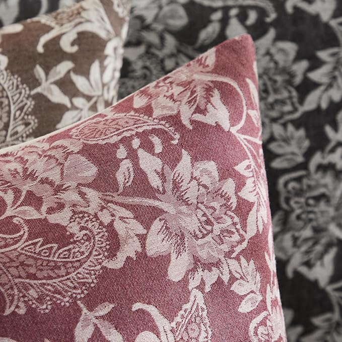 Floral Jacquard Throw Pillow Covers Set of 2, Background/Burgundy 16x16 Inch, Farmhouse Decorative Cotton Burgundy Cushion Covers for Sofa Bed Living Room Home Decor