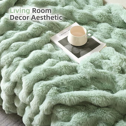Smoofy Faux Fur Throw Blanket for Couch – Sage Fluffy Cozy Rabbit Fleece, Plush Soft Bubble Blanket for Sofa & Bed, for Mom, Warm Fuzzy Home Room Decor Throw 60" x 80"