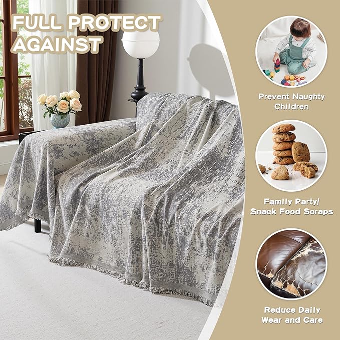 MEETSKY Couch Cover for Sectional Sofa Set Abstract Geometric Chenille Sofa Cover Washable for Dog Friendly, Couch Cover 3 Seat Couch Protector Multi-Use Blanket for Living Room, 91"x150", Light Grey