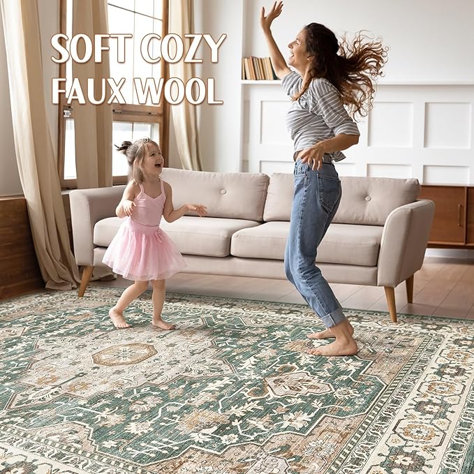 Green Rug Living Room Rugs: 10x13 Washable Boho Large Vintage Soft Stain Resistant Farmhouse Oriental Non-Slip Indoor Floor Carpet for Bedroom Nursery Kids Playroom Office Dining Room Home Decor