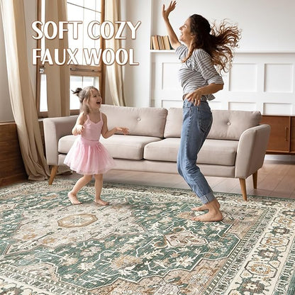 Green Rug Living Room Rugs: 10x13 Washable Boho Large Vintage Soft Stain Resistant Farmhouse Oriental Non-Slip Indoor Floor Carpet for Bedroom Nursery Kids Playroom Office Dining Room Home Decor