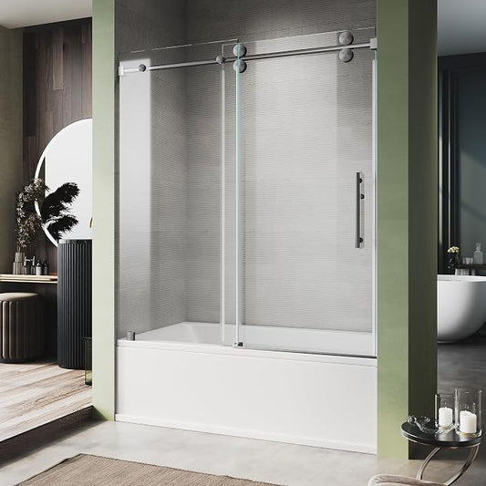 56-60 Inch x 66 Inch Sliding Frameless Bathtub Door, 3/8" Tempered Glass by UNIKOOSHOWERDOOR