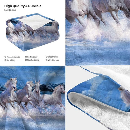 Prancing White Horses Throw Blanket for Couch, Super Soft Fuzzy Throws Warm Comfortable Plush Fleece Blanket, Fashion Decorative Flannel Fleece Blanket for All Season(50 x 60 in, White Horses)