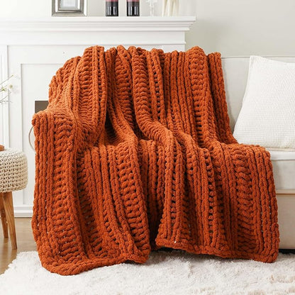 Battilo Orange Chunky Knit Throw Blanket for Couch, Fall Throw Blanket, Rust Throw Fall Decorations, Thick Warm Cozy Soft Chenille Throw Blanket for Sofa, Bed, Living Room, 50"x60"