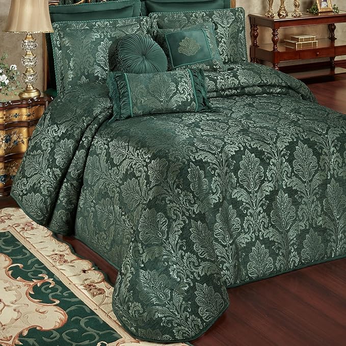Touch of Class Camelot Luxury Bedding | Striking Emerald Green | Matte Satin Damask on Richly Textured Jacquard-Woven Chenille | Designed 3 Piece Set Includes King Bedspread and 2 King Shams