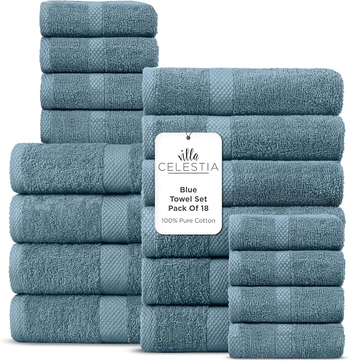 100% Cotton Bath Towel Set of 18-4 Bath Towels, 6 Hand Towels, 8 Wash Cloths by VillaCelestia