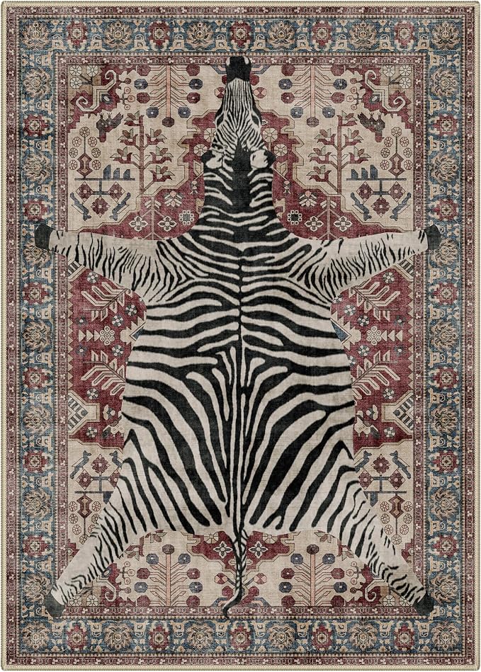 Bavni 5x7 Zebra Rug, Machine Washable Animal Print Low Pile Boho Carpet - Image 8