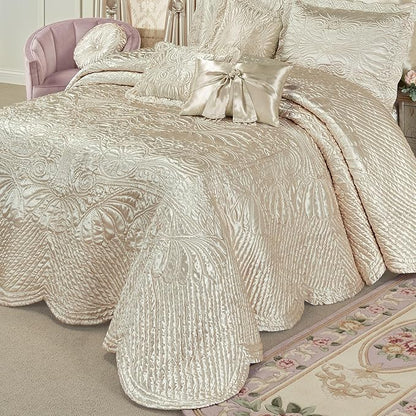 Touch of Class Portia Luxury Bedding | Soft Pearl | Premier Quilted Polyester Satin | Romantic Hand Guided Machine Quilted Scroll Design 3 Piece Set: Queen Oversized Bedspread and 2 Standard Shams