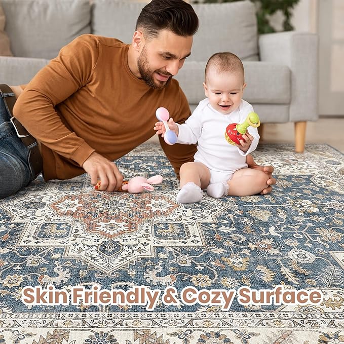 Vintage Living Room Area Rug 5x7 - Large Soft Washable Oriental Traditional Distressed Farmhouse Rugs for Bedroom - Indoor Floor Accent Carpet for Home Office House Decor - Vintage Blue
