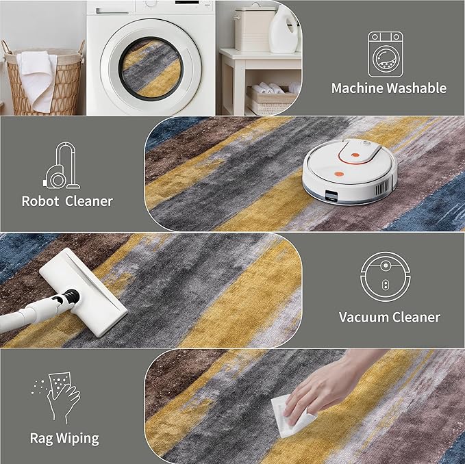 Ciicool 4ft Round Washable Rug, Modern Abstract Circle Rugs, Non-Slip Thin Lightweight Rug Yellow Grey Circular Print Distressed Carpet for Bedroom Living Room Under Dining Table Home Office Decor