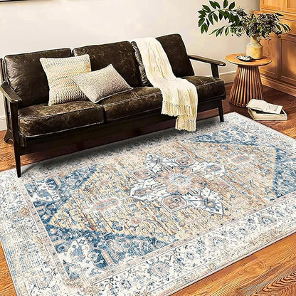 Washable Area Rug 9x12 Boho Chic Medallion Distressed Design Non-Shedding Easy Care Ideal for High Traffic Areas in Living Room Bedroom Office Coffee Table Large Carpet