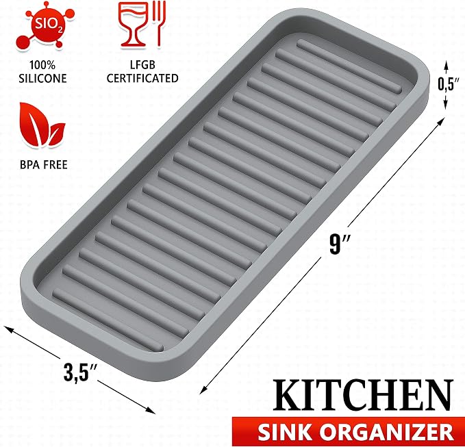 ZAPPOWARE Silicone Kitchen Sink Caddy Sponge Holder 9x3.5 Gray - Image 2