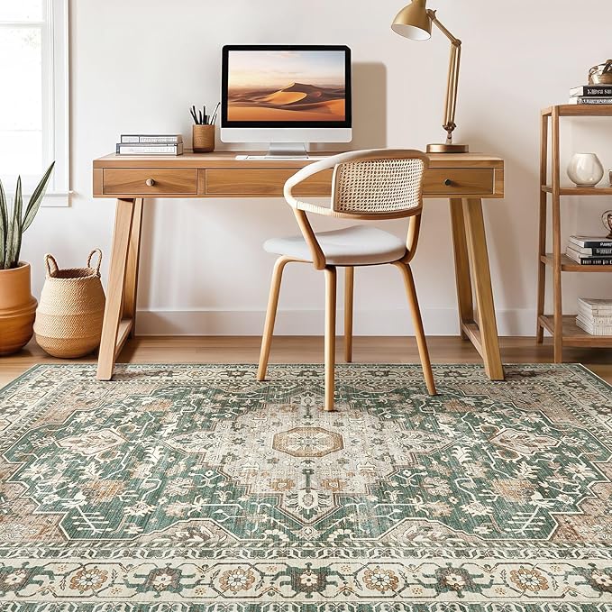Green Rug Living Room Rugs: 10x13 Washable Boho Large Vintage Soft Stain Resistant Farmhouse Oriental Non-Slip Indoor Floor Carpet for Bedroom Nursery Kids Playroom Office Dining Room Home Decor