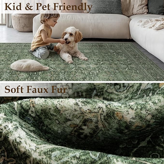 Green Area Rug 2x3 Entryway Washable Soft Carpet Vintage Non Slip Indoor Kitchen Entrance Door Mat Traditional Retro Distressed Small Thicker Throw Rug Bathroom Laundry Bedroom