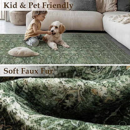 Green Area Rug 2x3 Entryway Washable Soft Carpet Vintage Non Slip Indoor Kitchen Entrance Door Mat Traditional Retro Distressed Small Thicker Throw Rug Bathroom Laundry Bedroom