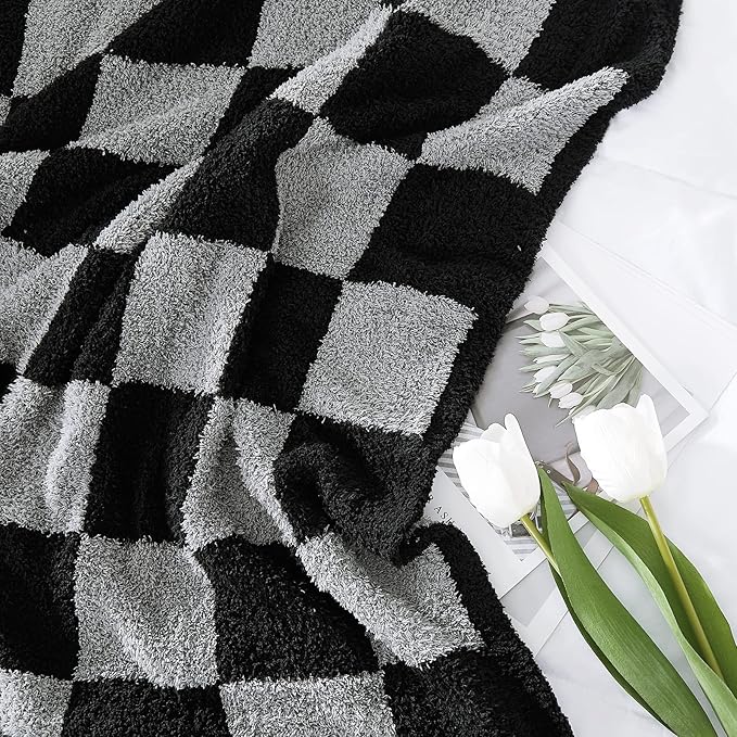 WRENSONGE Checkered Throw Blanket, Black Grey Checkered Soft Cozy Fluffy Warm Hand Made Throw Blankets for Couch, Sofa, Chair, Bed, Picnic,Travel Lightweight Bed Blankets for Men