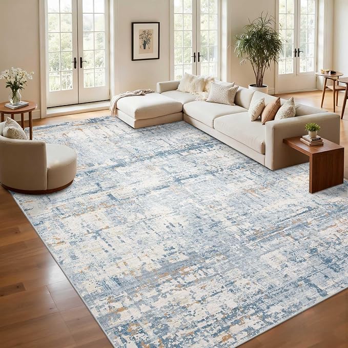 9x12 Area Rug for Living Room, Extra Large Washable Rug, Soft Blue Abstract Rug - Image 3
