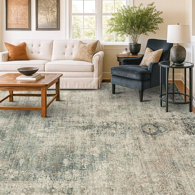 Washable Moss Green 9x12 Rug for Living Room -Modern Large Rug for Bedroom, Dining Room Under Table, Non Slip &Soft Low Pile Farmhouse Carpet