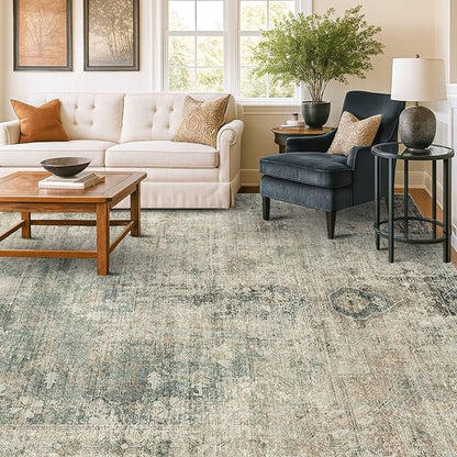 Washable Moss Green 9x12 Rug for Living Room -Modern Large Rug for Bedroom, Dining Room Under Table, Non Slip &Soft Low Pile Farmhouse Carpet