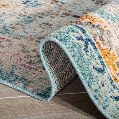 SAFAVIEH Madison Collection Area Rug - 6'7" Square, Blue & Yellow, Boho Diamond Distressed Design, Non-Shedding & Easy Care, Ideal for High Traffic Areas in Living Room, Bedroom (MAD418K)