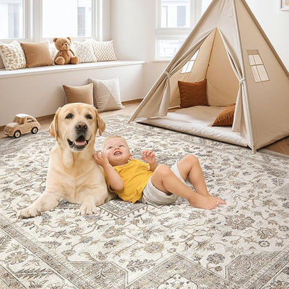Vintage Living Room Area Rug 7x9 - Large Soft Washable Oriental Traditional Distressed Farmhouse Rugs for Bedroom - Indoor Floor Accent Carpet for Home Office House Decor - Light Brown