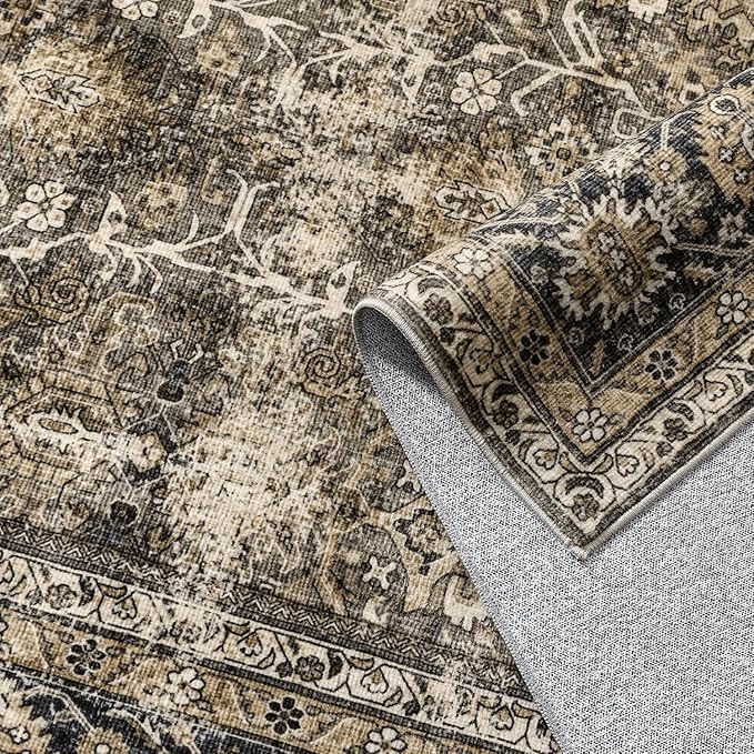 Vintage Area Rug 5x7 Brown Washable Living Room Large Carpet Non Slip Bedroom Indoor Office Low Pile Traditional Distressed Retro Accent Rug for Dining Room Bathroom Kitchen