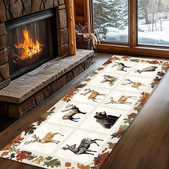 Beige Checkered Maple Bear Elk Hallway Rug 2x8ft Bohemian Vintage Floor Mat for Nursery Farmhouse, Foldable Anti-Fatigue Rug with Crushed Leaf Pattern
