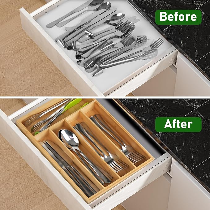 LotFancy Bamboo Kitchen Drawer Organizer, 9.5 Inch Silverware Tray - Image 4