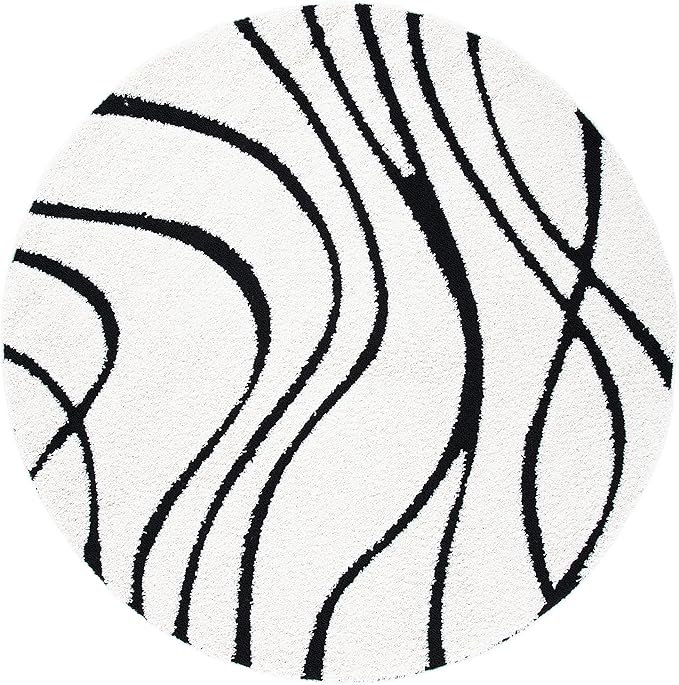 SAFAVIEH Florida Shag Collection 5' Round Ivory / Black SG471 Abstract Wave Non-Shedding Living Room Bedroom Dining Room Entryway Plush 1.2-inch Thick Area Rug