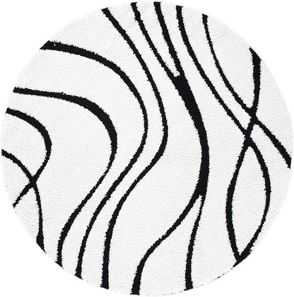 SAFAVIEH Florida Shag Collection 5' Round Ivory / Black SG471 Abstract Wave Non-Shedding Living Room Bedroom Dining Room Entryway Plush 1.2-inch Thick Area Rug