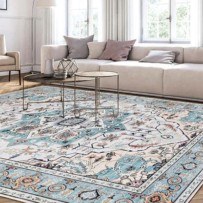 WILLSUN Washable Area Rugs, 8x10 Non-Slip Boho Large Area Rugs for Living Room, Bedroom, Machine Washable Vintage Rug, Indoor Floral Print Carpet for Home Decor, Kid & Pet Friendly Mat