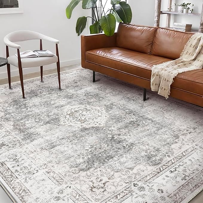 Washable Area Rug 9'x12' Retro Boho Design Non-Shedding Easy Care Ideal for High Traffic Areas in Living Room Bedroom Office Coffee Table Kitchen Large Carpet
