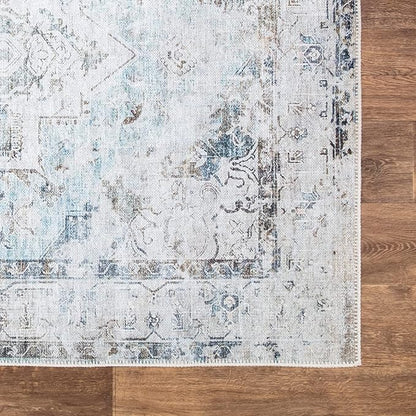 Bloom Rugs Washable Non-Slip 10 ft Runner - Beige/Blue Traditional Runner for Entryway, Hallway, Bathroom, and Kitchen - Exact Size: 2.5' x 10'