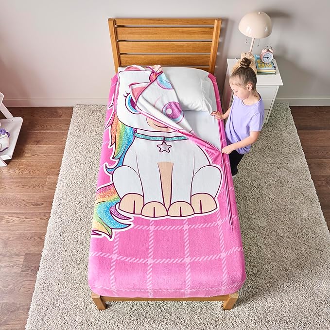 Bleacher Creatures ZippySack Twin Bed Zip-Up Bedding – Super Soft Fleece Fitted Blanket with Side Pocket & Durable Zipper – Easy Bed-Making for Kids (Unicorn)