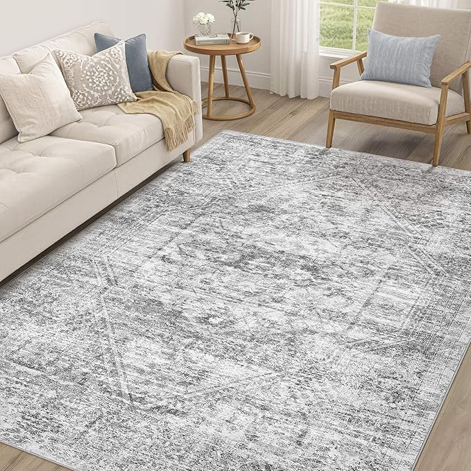 Vintage Living Room Area Rug 6x9 - Large Soft Washable Oriental Traditional Distressed Farmhouse Rugs for Bedroom - Indoor Floor Accent Carpet for Home Office House Decor - Distressed Grey