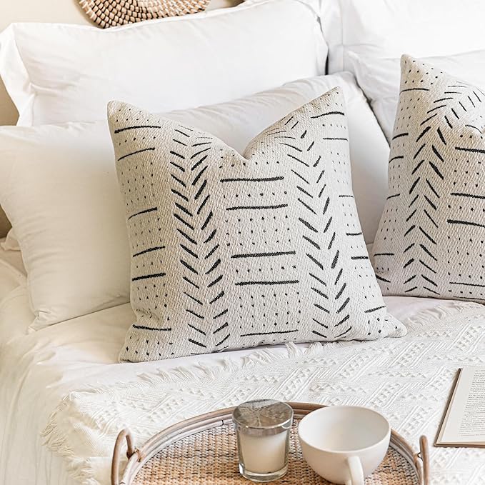 BlissBlush Off White Decorative Throw Pillow Covers 20X20, Set of 2, Boho Farmhouse Square Cushion Cover, Cozy Soft Accent Pillowcase for Couch Sofa Bed Living Room Home Décor