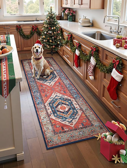 SERISSA Boho Washable Runner Rug, 2x5 Non-Slip Vintage Rust Hallway Kitchen Runner Rug Ultra Soft Print Distressed Tribal Floor Carpet for Bedroom Bathroom Laundry Living Room