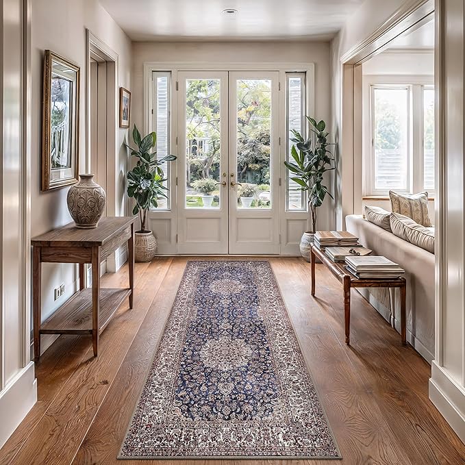 Bloom Rugs Washable Non-Slip 7 ft Runner - Dark Blue/Beige Traditional Medallion Runner for Entryway, Hallway, Bathroom, and Kitchen - Exact Size: 2.5' x 7'