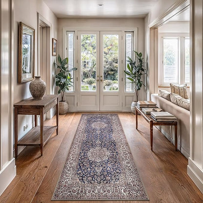 Bloom Rugs Washable Non-Slip 7 ft Runner - Dark Blue/Beige Traditional Medallion Runner for Entryway, Hallway, Bathroom, and Kitchen - Exact Size: 2.5' x 7'