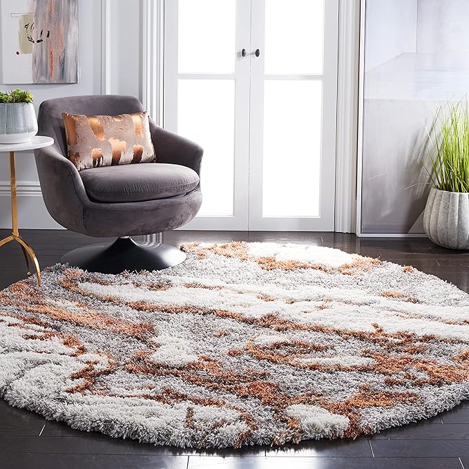 SAFAVIEH Horizon Shag Collection Area Rug - 9' Round, Grey/Rust, Geometric Design, Ideal for High Traffic Areas in Living Room, Bedroom, Dining (HZN890P)