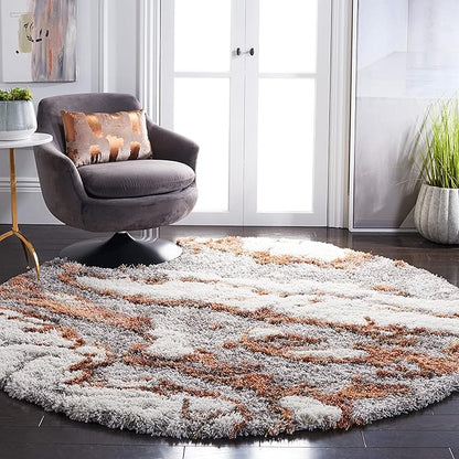 SAFAVIEH Horizon Shag Collection Area Rug - 9' Round, Grey/Rust, Geometric Design, Ideal for High Traffic Areas in Living Room, Bedroom, Dining (HZN890P)