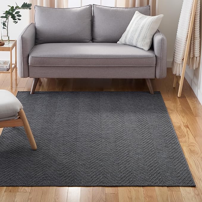 TOWN & COUNTRY BASICS Pax Herringbone Textured Solid Everwash® Washable Area Rug, Low Pile, Non-Slip Backing, Easy Clean Pet & Family Friendly Rug, Dark Grey, 7'10"x10'2"