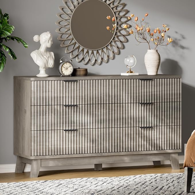 Fluted Dresser with 6 Drawers, Wooden Dresser TV Stand, Wood Closet Clothes by Xixini