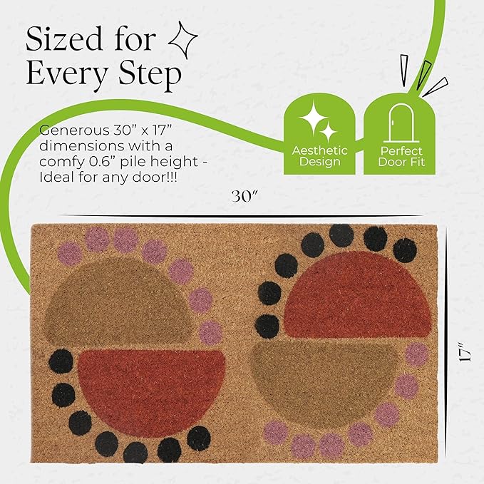 Coir Door Mats 17" X 30", Non-Slip Sturdy, PVC Backed Heavy Duty, Easy to Clean, Ideal for Door Entrance, Patio, Porch, Backyard, Garages, The Geo Circles
