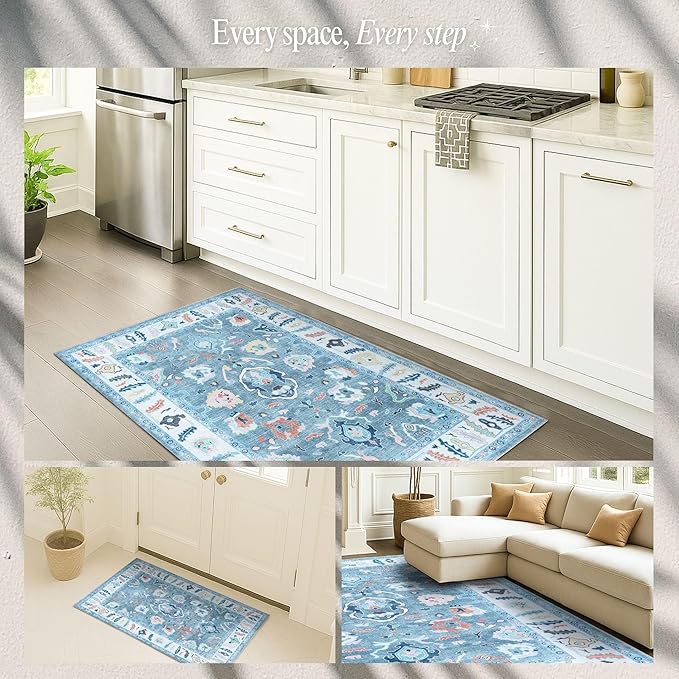 Fame Rugs Teal Modern Oushak Rug 3x5, Washable Vintage Turkish Colorful Oriental Antique Inspired Foldable Small Area Rugs, Luxury Living Room Bedroom (995T, 2'6" x 5')