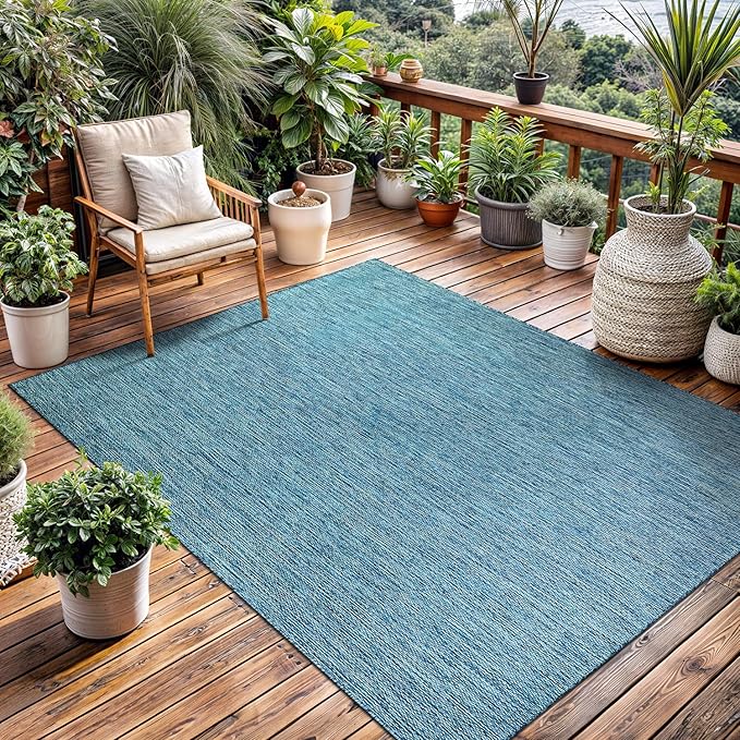 Washable Indoor Outdoor Rug Weather Resistant Carpet Modern Solid for Porch Deck Balcony Backyard Patio Rug 5x7 Aqua Blue