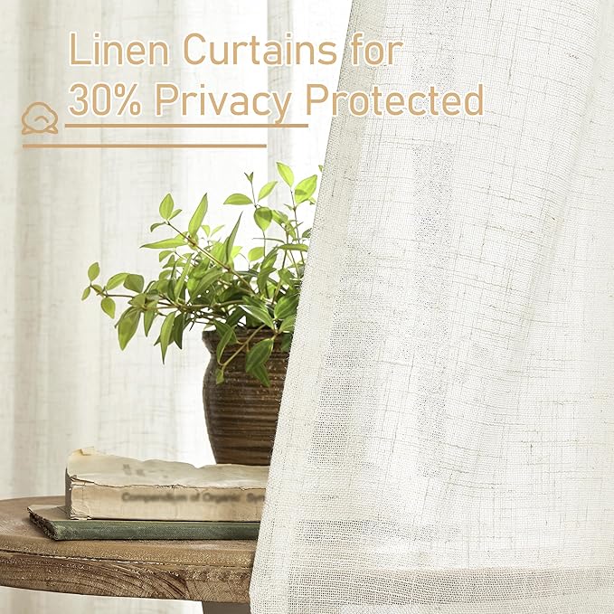 LAMIT 102 inch Semi Sheer Linen Curtains for Living Room, Back Tab and Rod Pocket Cream Curtains Light Filtering Country Rustic Neutral Drapes for Bedroom/Farmhouse, 2 Panels, 52 x 102 Inch