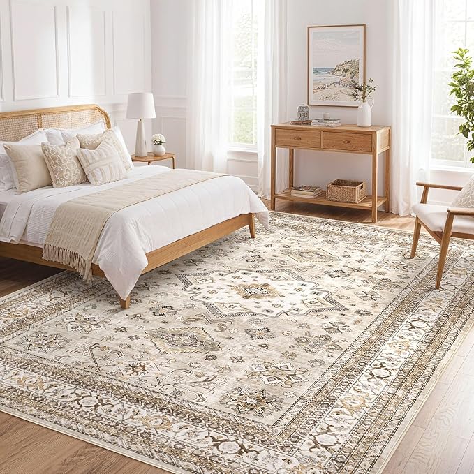 Vintage Living Room Area Rug 10x12 - Large Soft Washable Oriental Traditional Distressed Farmhouse Rugs for Bedroom - Indoor Floor Accent Carpet for Home Office House Decor - Beige