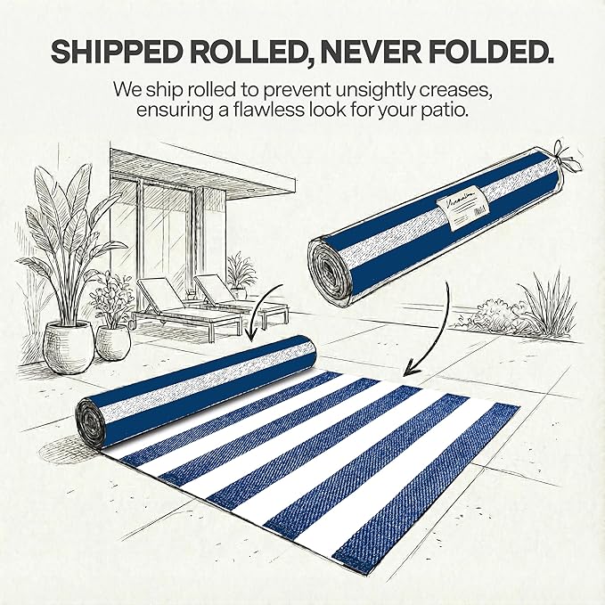 FH Home Outdoor Rug - Waterproof, Fade Resistant, Reversible - Premium Recycled Plastic - Striped - Large Patio, Deck, Sunroom, Camping, RV - Brittany Stripe - Blue & White Crease Free - 5 x 8 ft